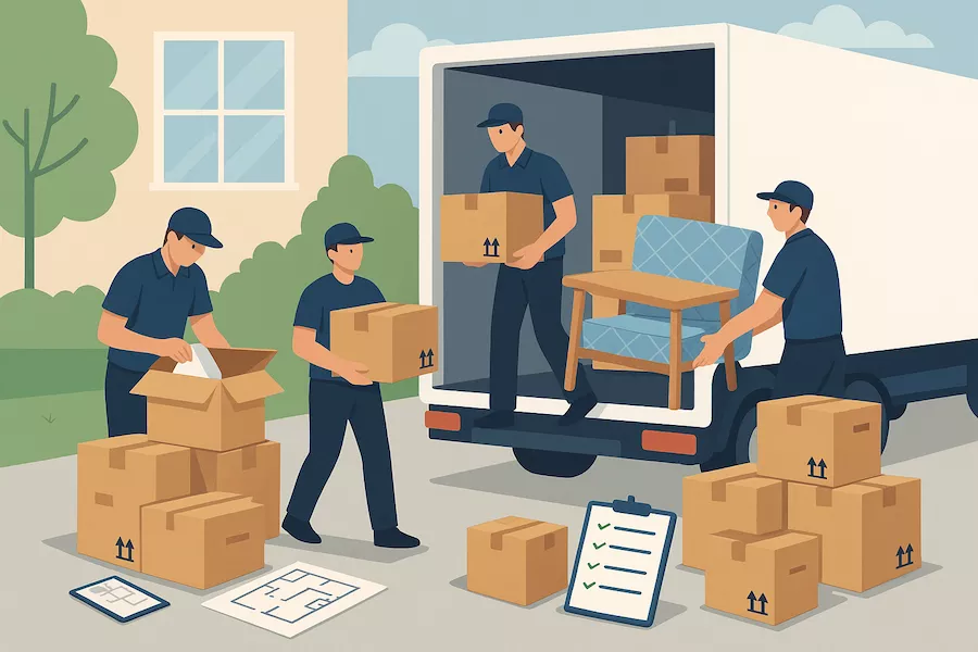 “Illustration av flyttfirma som packar kartonger och lastar flyttbil – symboliserar fullserviceflytt med professionell packning, trygg hantering och effektiv logistik”