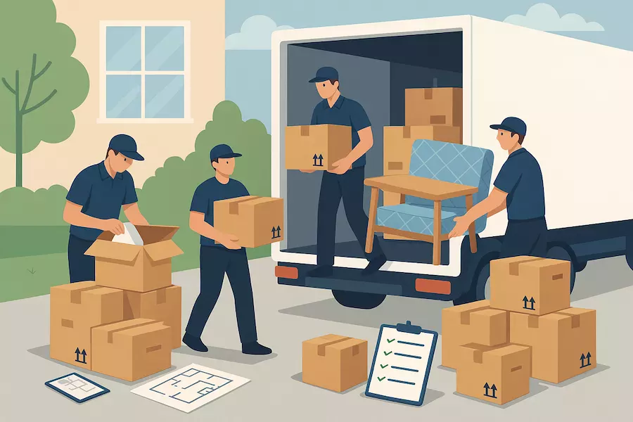 “Illustration av flyttfirma som packar kartonger och lastar flyttbil – symboliserar fullserviceflytt med professionell packning, trygg hantering och effektiv logistik”